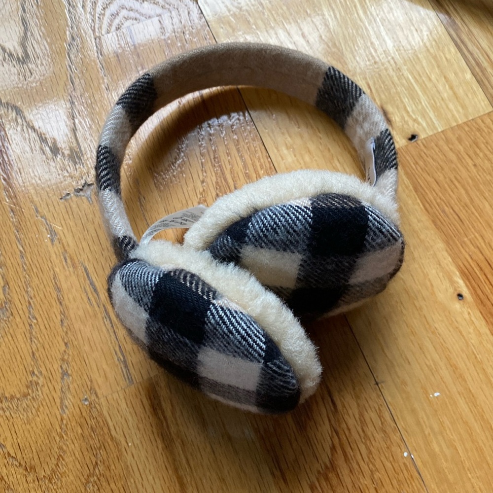 Burberry Black & Cream Plaid Shearling Earmuffs